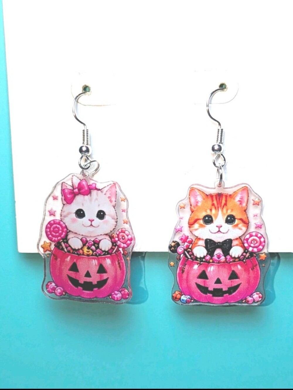 Hand Crafted Pink & Orange Kitty Pumpkin Dangle Earrings